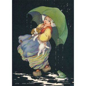 Vintage Calendar Print Lithograph April Showers 5.75 x 7.75